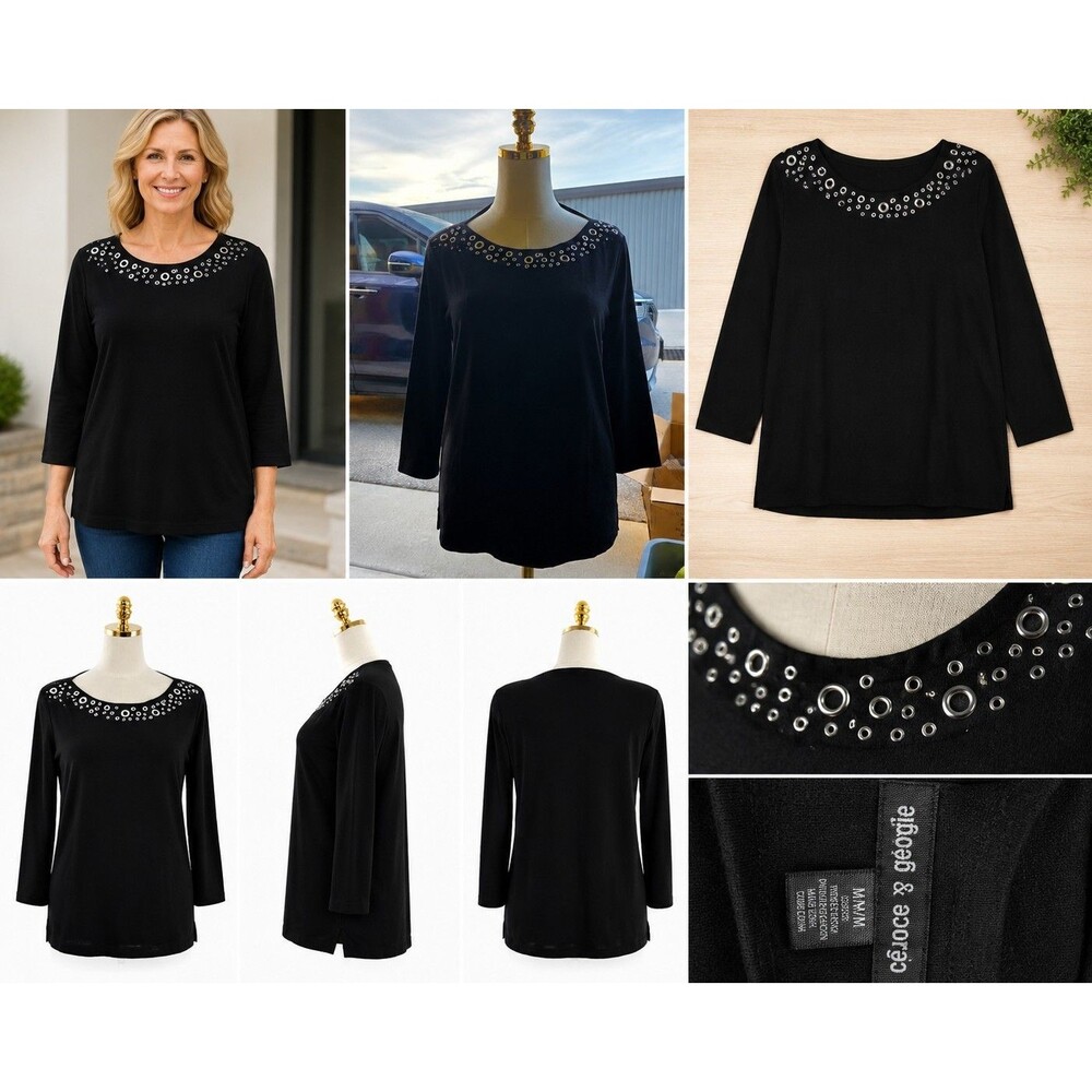 Cable and Gauge Women’s Medium Black Grommet Eyelet Neck 3/4 Sleeve Top